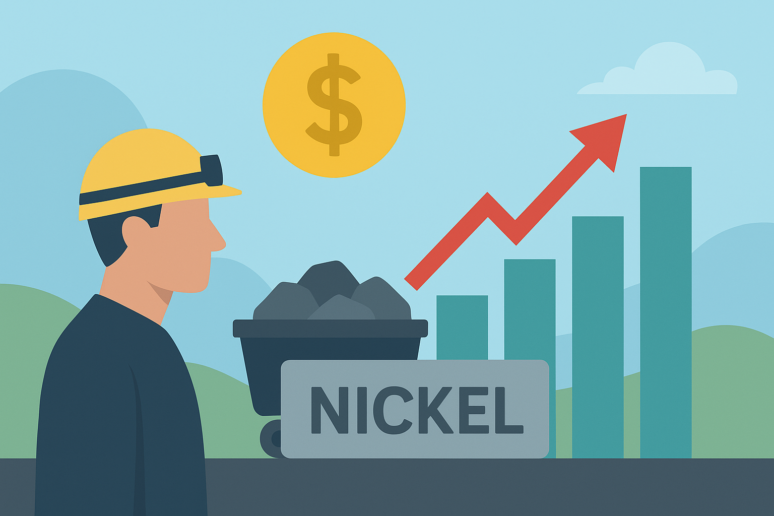 Symbolic illustration of a miner with a cart of nickel ore, a rising bar chart, and a red upward arrow with a dollar sign, representing financial optimism in the nickel market.