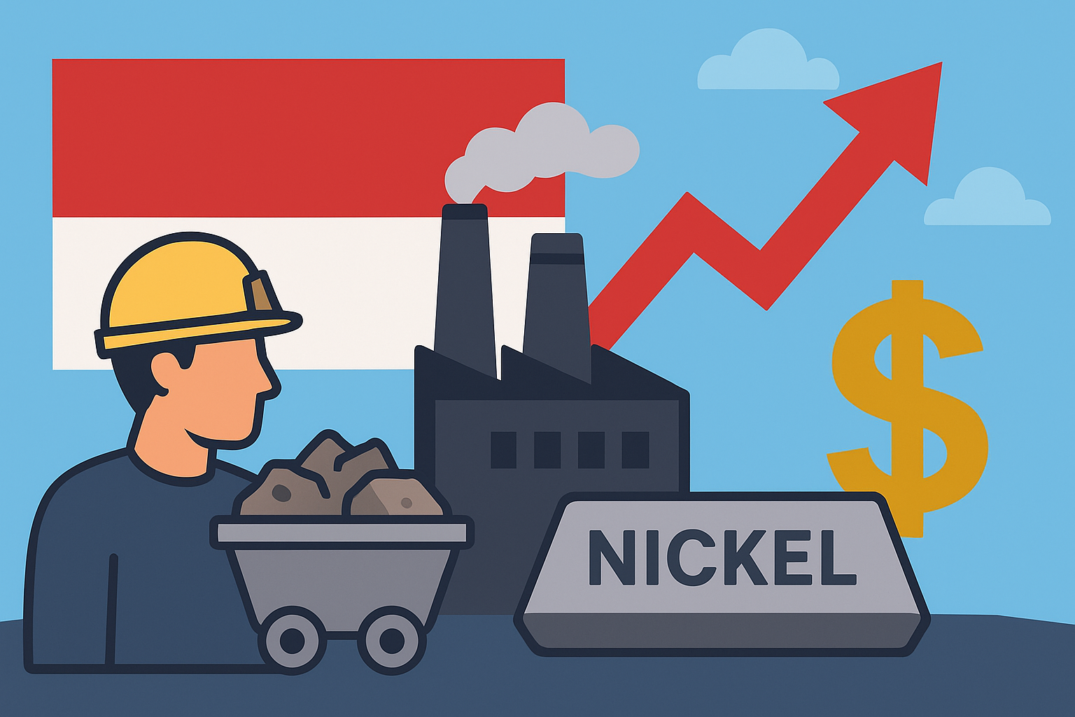 Illustration of a miner with nickel ore, a smelting plant with smoke stacks, a red upward arrow, and a golden dollar sign, set against the Indonesian flag, symbolizing nickel investment growth.