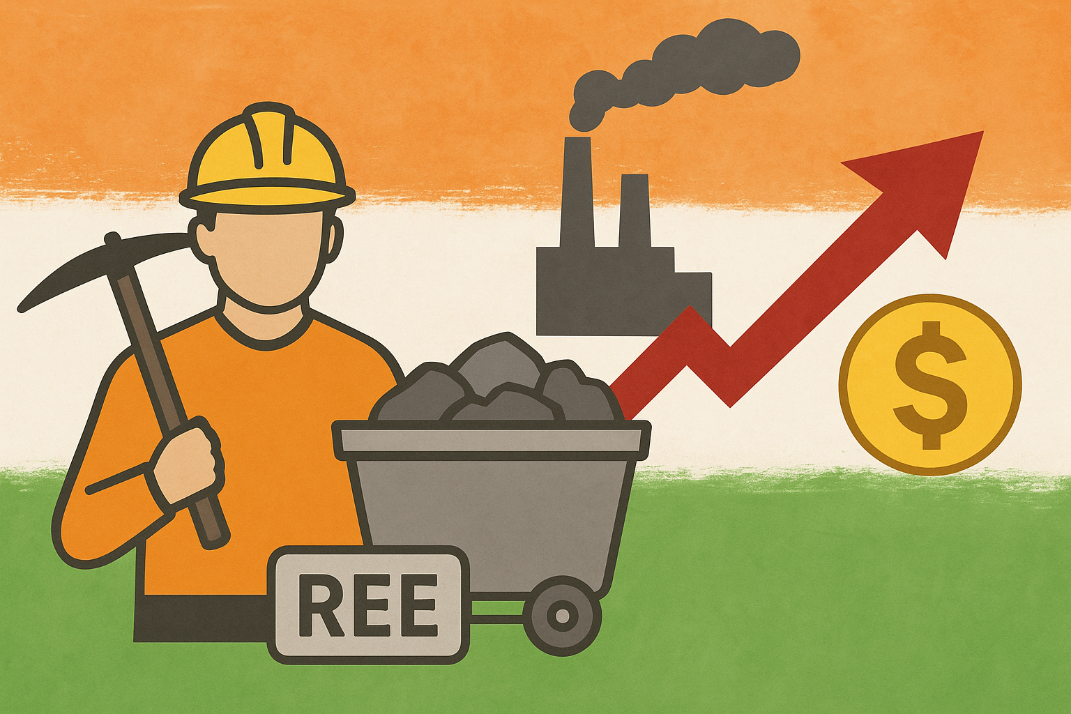 Illustration of a miner with a pickaxe, a mine cart filled with ore labeled “REE,” an industrial plant, a rising red arrow, and a dollar sign set against the Indian flag colors.