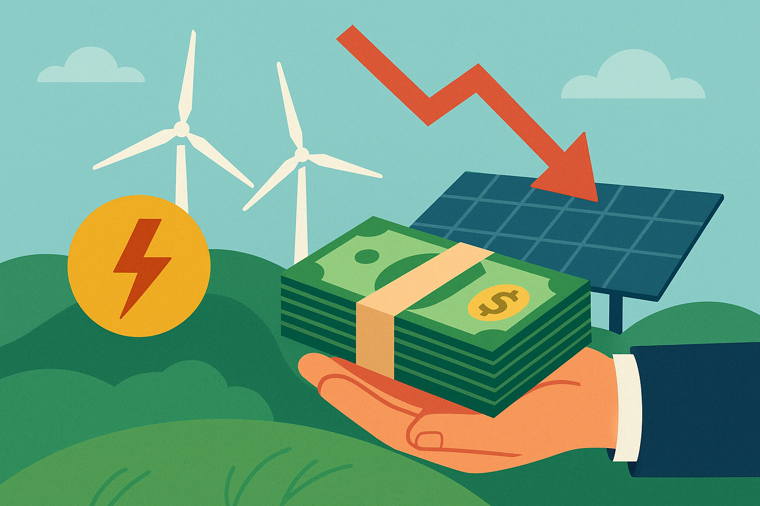 Illustrated scene of solar panels and wind turbines in a developing country landscape, symbolizing renewable energy investment.