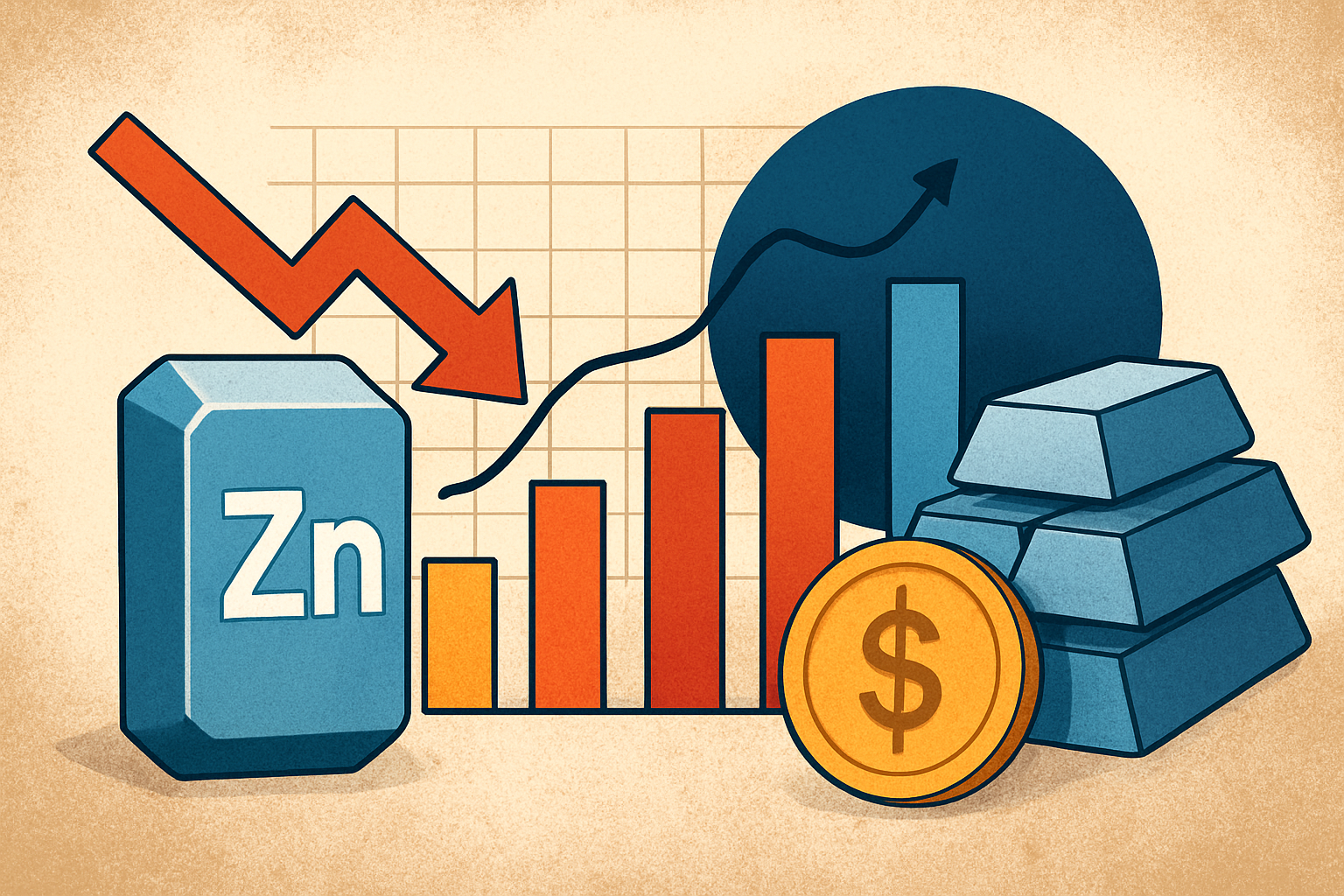Illustration of zinc ingots, financial charts, and a dollar coin representing zinc market trends.
