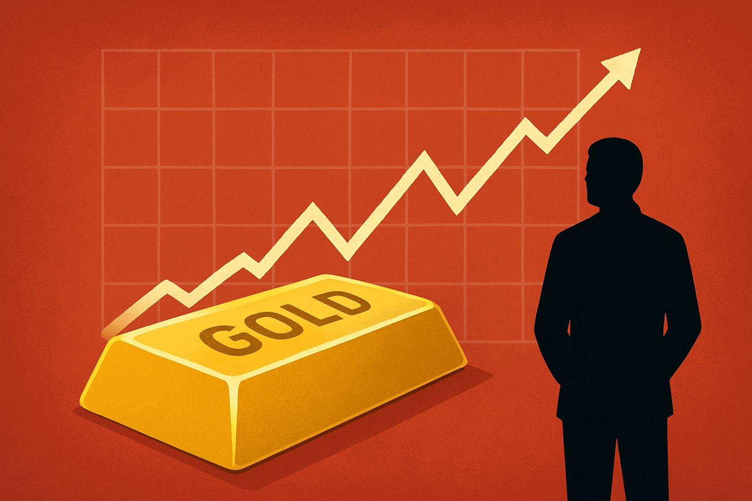 Illustration of a gold bullion bar with an upward-trending chart line and a silhouetted figure observing against a red background.