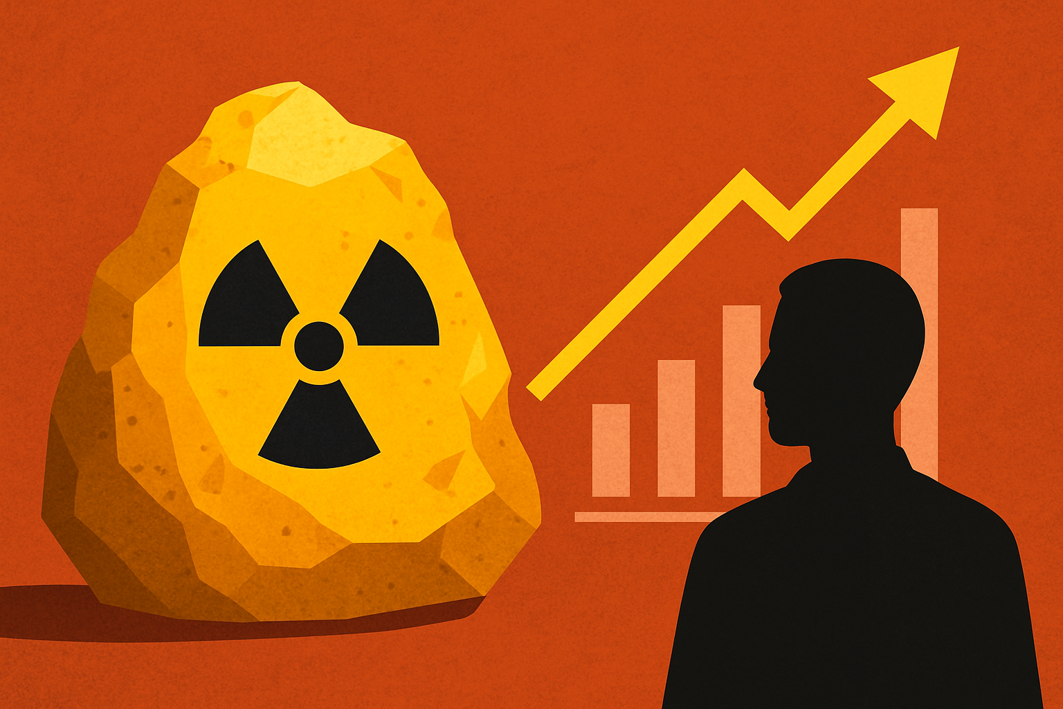 Illustration of uranium ore with a radioactive symbol, a rising chart arrow, and a silhouetted figure observing.