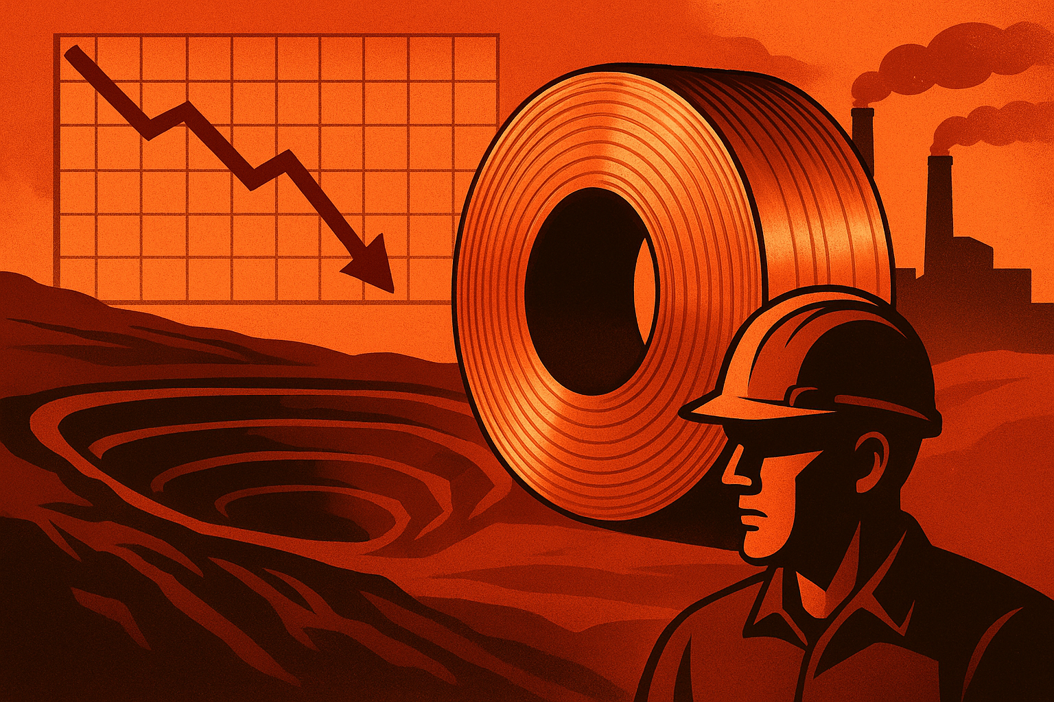 Illustration of a copper coil, a miner, and a downward financial chart symbolizing copper supply disruptions and market volatility.