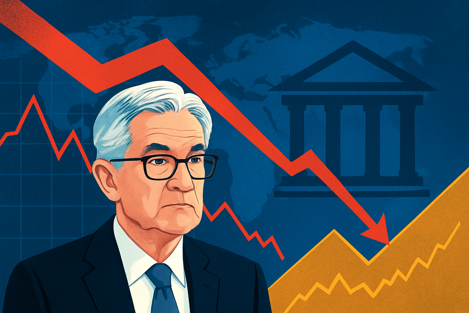 Illustration of Federal Reserve Chair Jerome Powell against a backdrop of stock market charts with a downward red arrow and financial symbols.