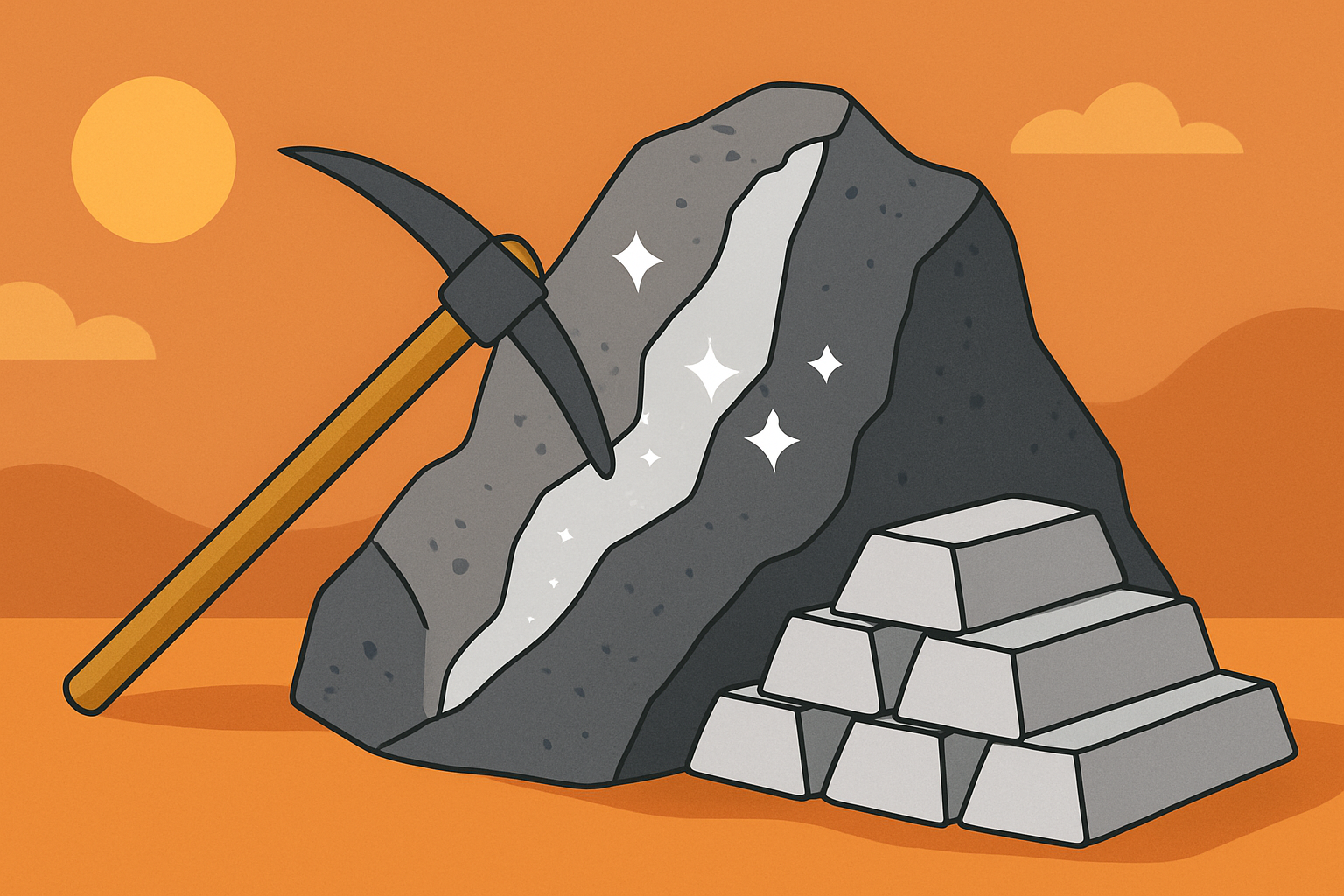 Stylized illustration of a silver vein in a rock with a mining pickaxe and stacked silver ingots against an orange landscape.