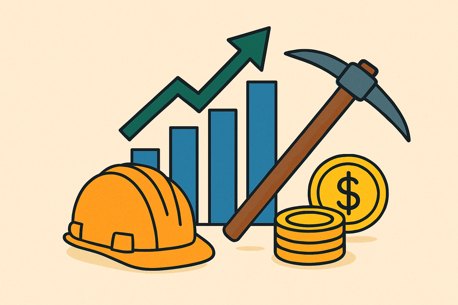 Illustration of a mining hard hat, bar chart with rising arrow, pickaxe, and gold coins symbolizing growth in mining investments.