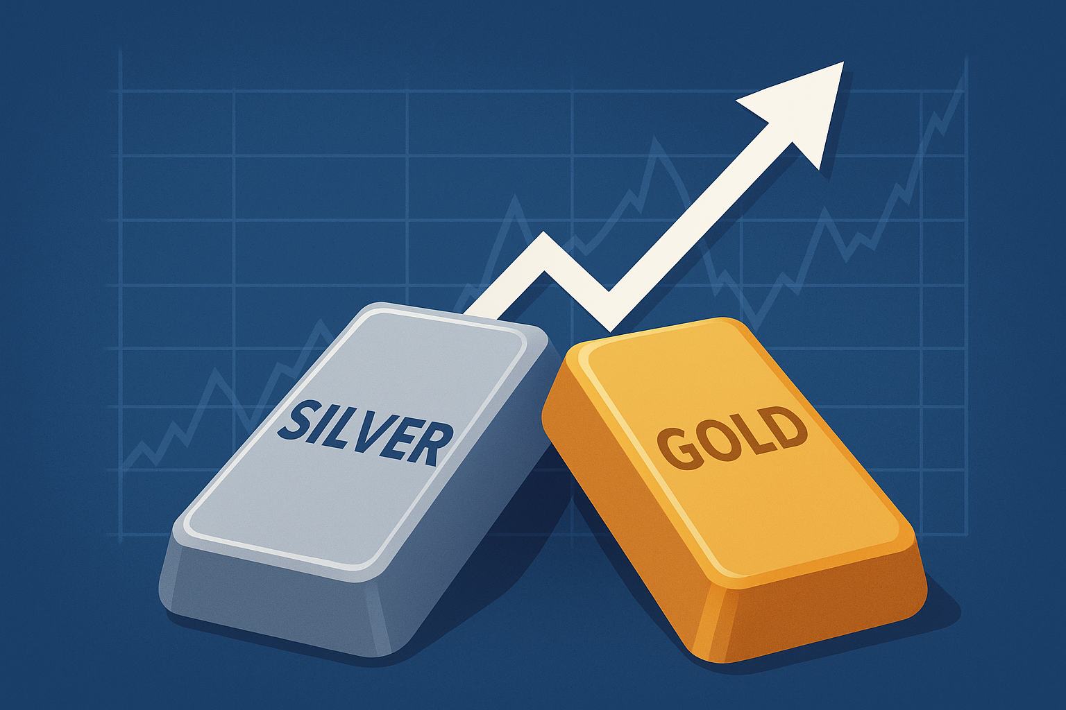 A digital illustration of silver and gold bars with an upward arrow symbolizing rising market value against a financial graph background.