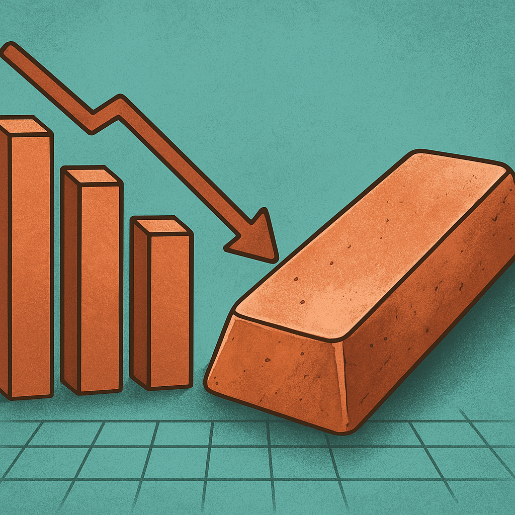 Illustration of copper bars and a downward red line graph next to a copper ingot, symbolizing supply disruptions and market volatility.