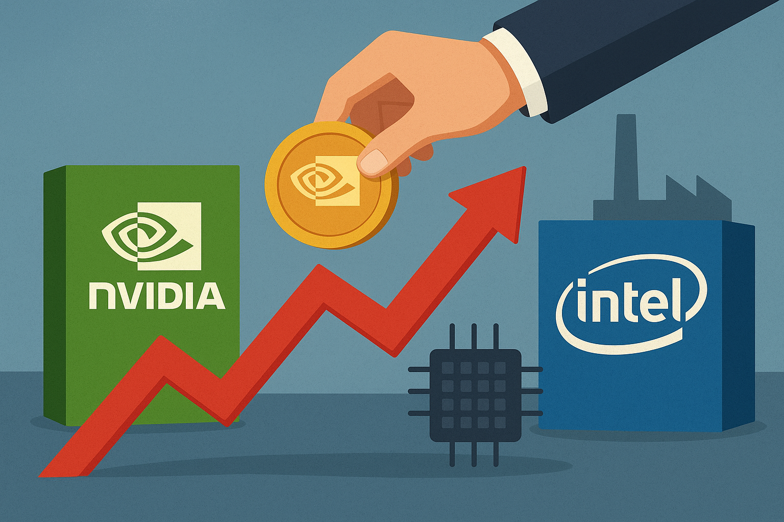 Illustration of Nvidia and Intel symbols merging through a glowing microchip, representing a $5 billion strategic investment in semiconductor collaboration.