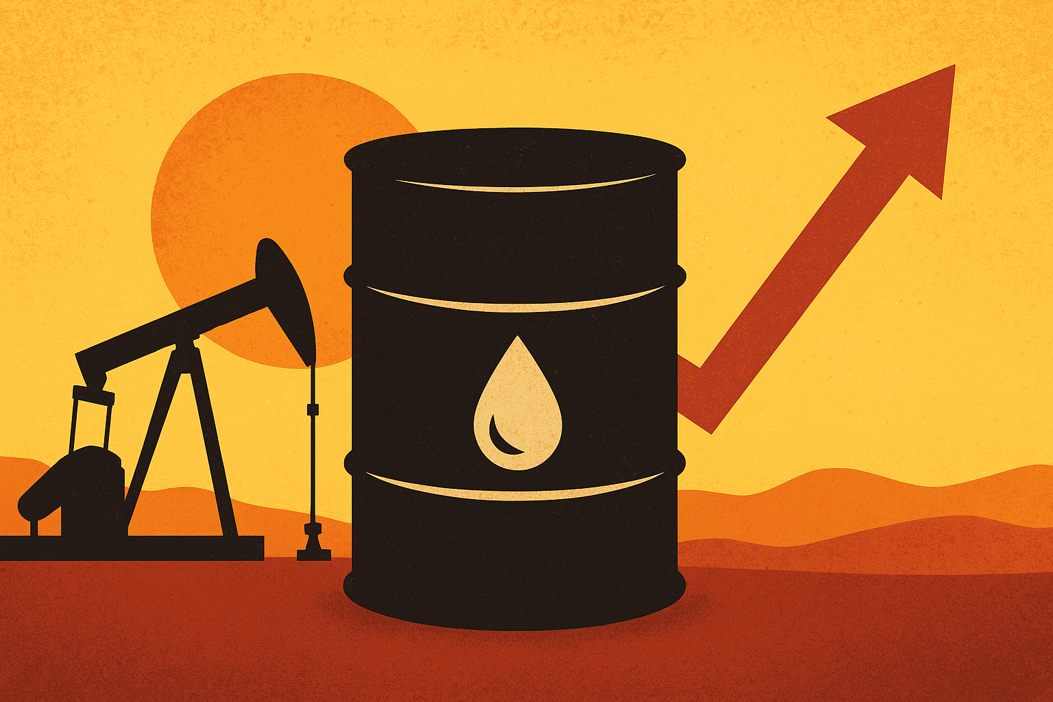 Illustration of an oil barrel with a droplet symbol, a pumpjack silhouette, and an upward arrow against a sunset background.
