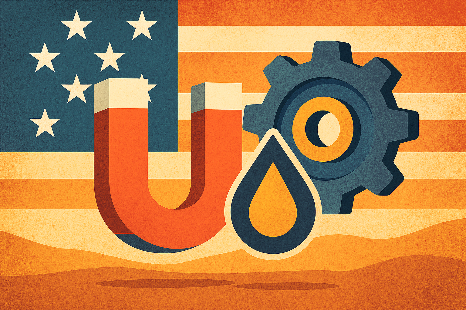 Illustration of a U-shaped magnet, a gear, and a golden droplet set against a stylized U.S. flag background.