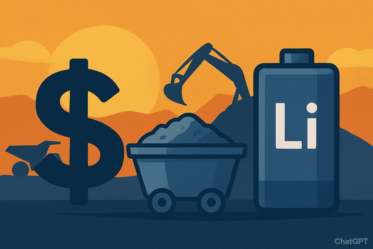 Symbolic illustration of lithium mining with a dollar sign, mining cart, battery icon, and excavator against a sunset backdrop.
