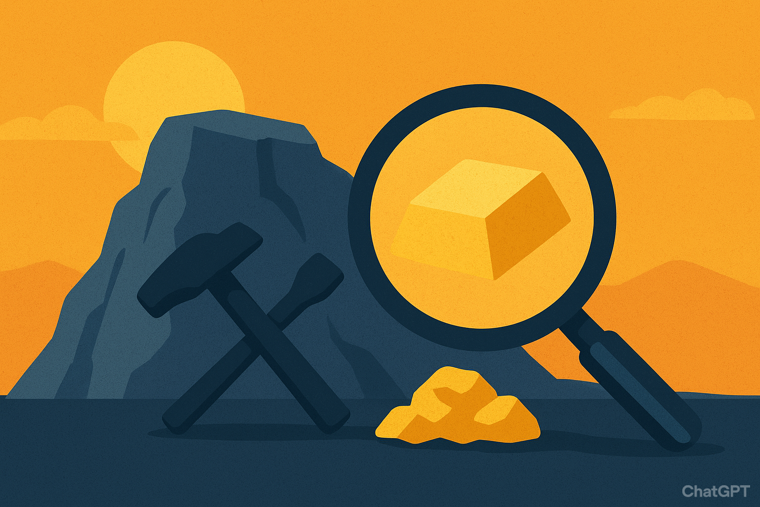 Symbolic illustration of gold exploration with magnifying glass, gold nugget, and mining tools against a mountainous backdrop.