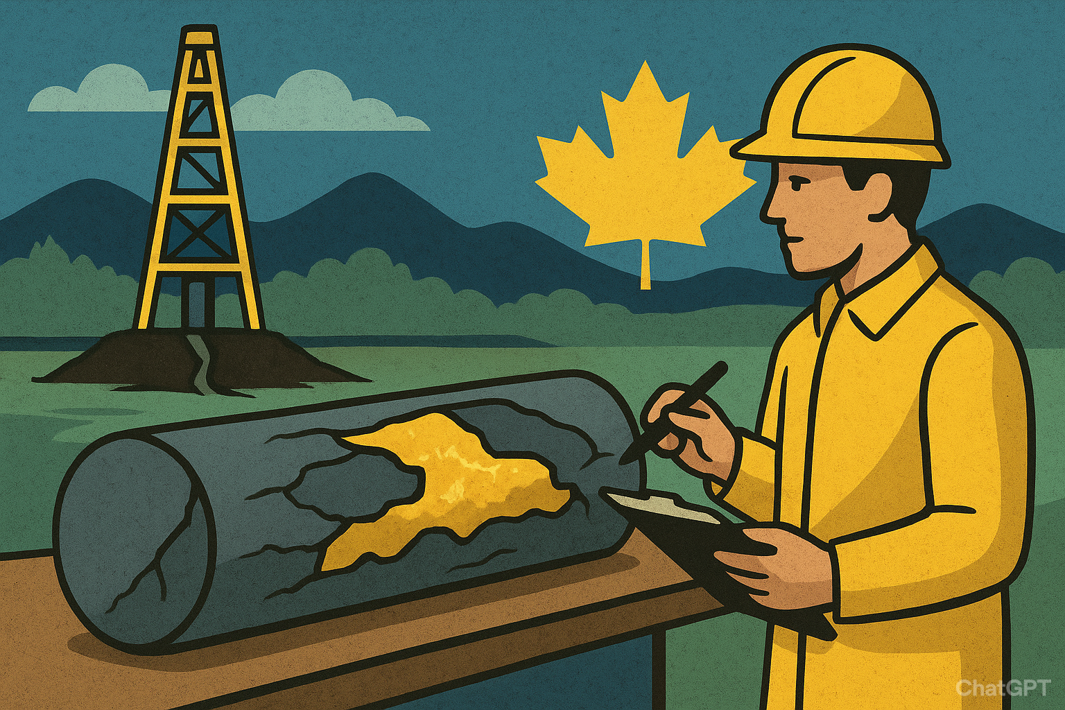 Drill core samples showing rich gold mineralization with a backdrop of Québec’s mining landscape.