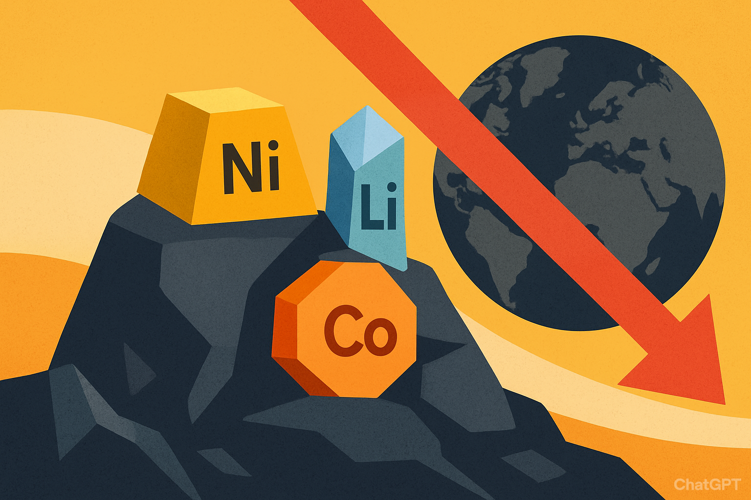 Illustration of nickel, lithium, and cobalt symbols on rock with a downward arrow and Earth backdrop.