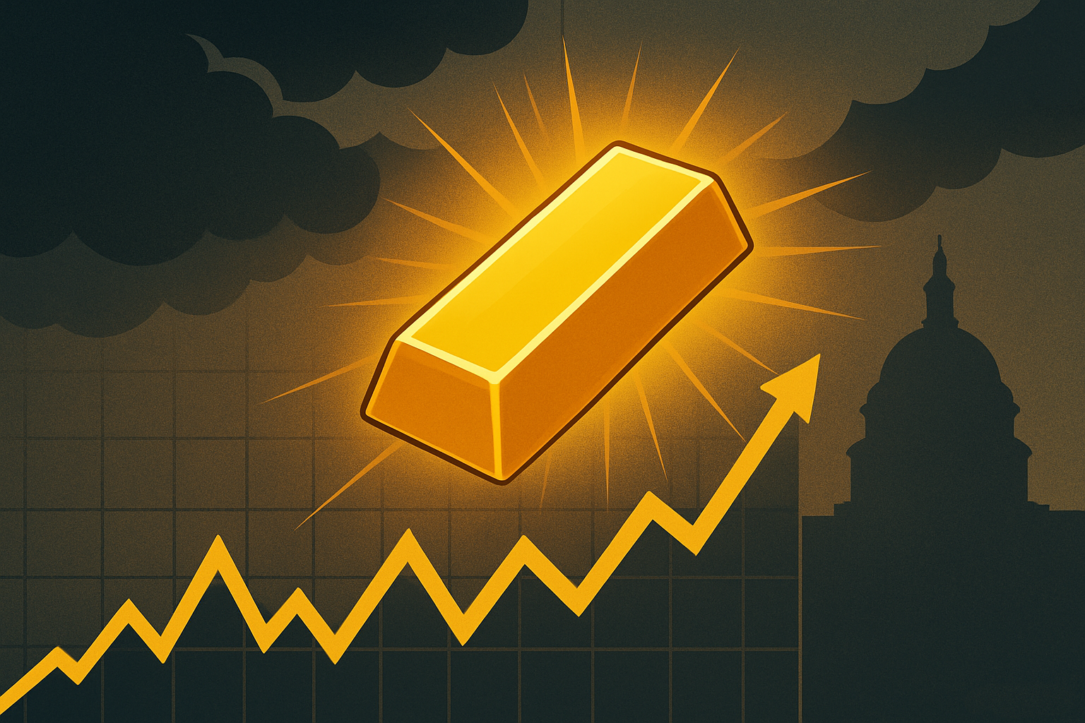 Illustration of a glowing gold bar rising above financial charts with storm clouds and a U.S. Capitol silhouette in the background.