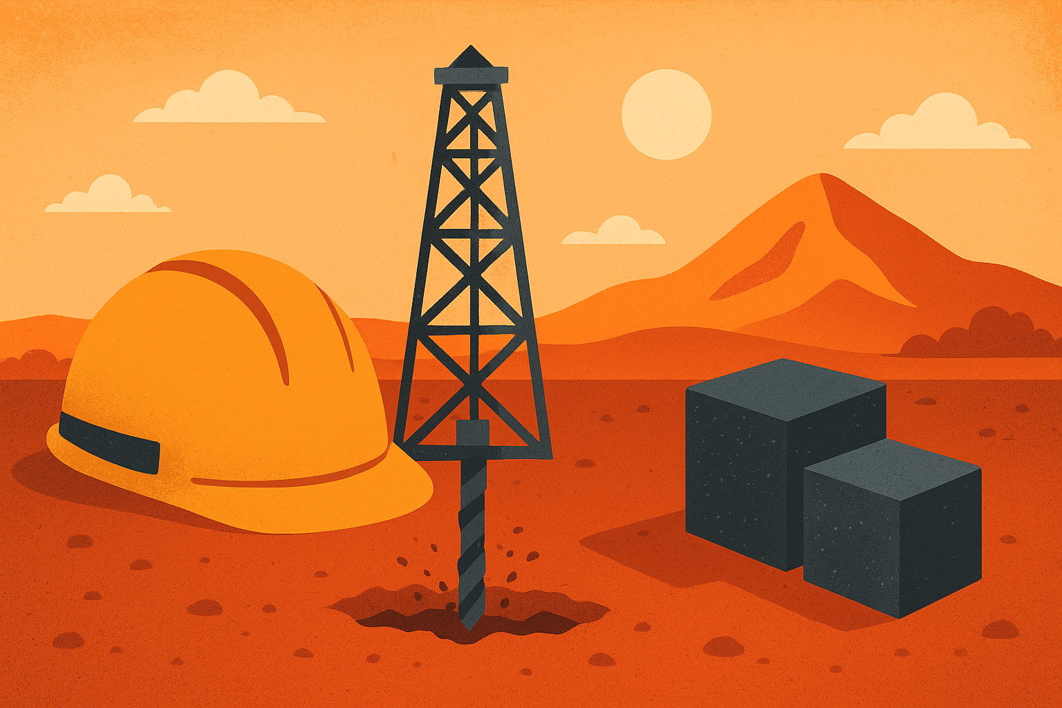 Illustration of a mining helmet, drilling rig, and mineral blocks set against a desert landscape with mountains and sun.