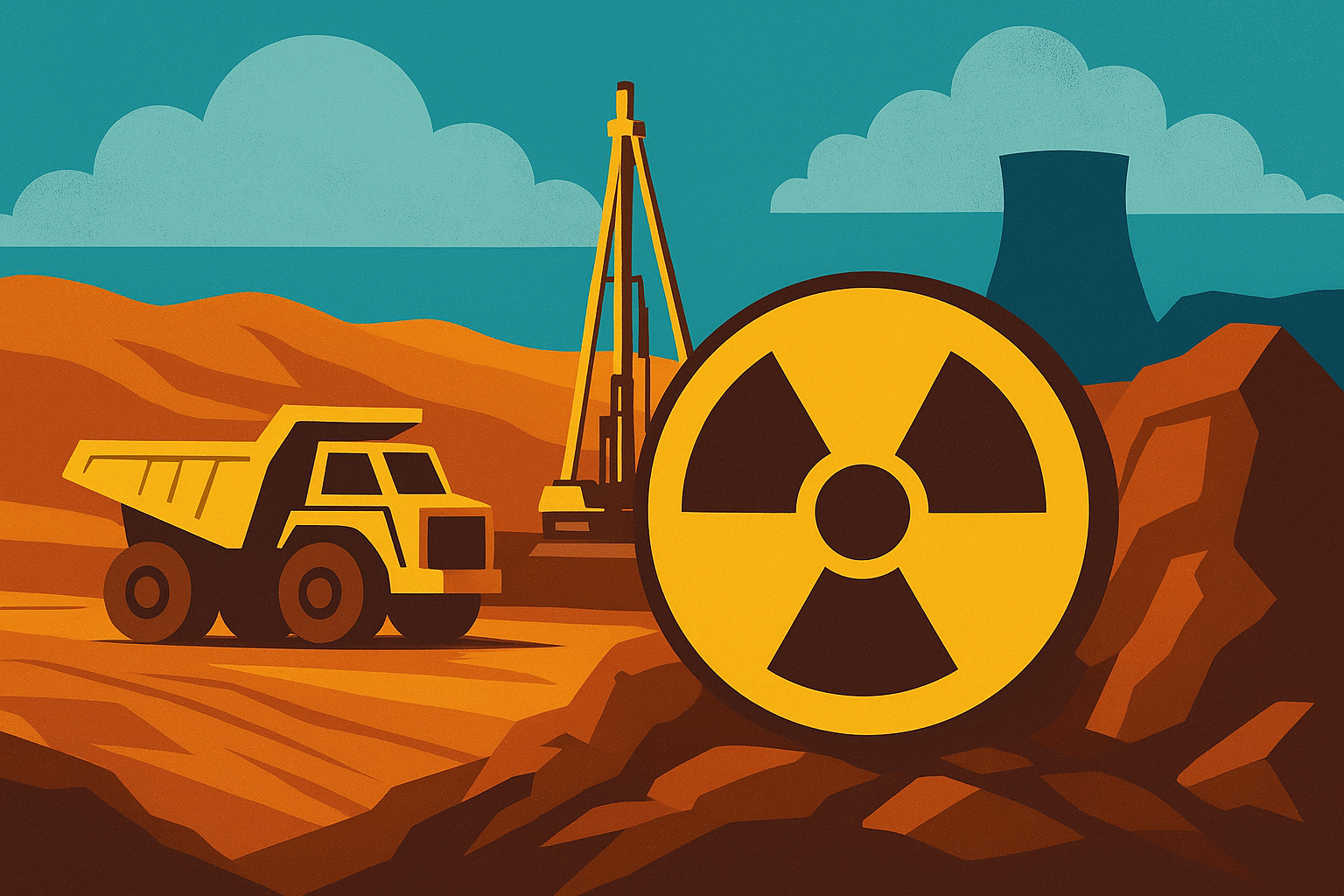 Illustrated uranium mining scene featuring a radiation symbol, dump truck, drill rig, and distant nuclear cooling tower.