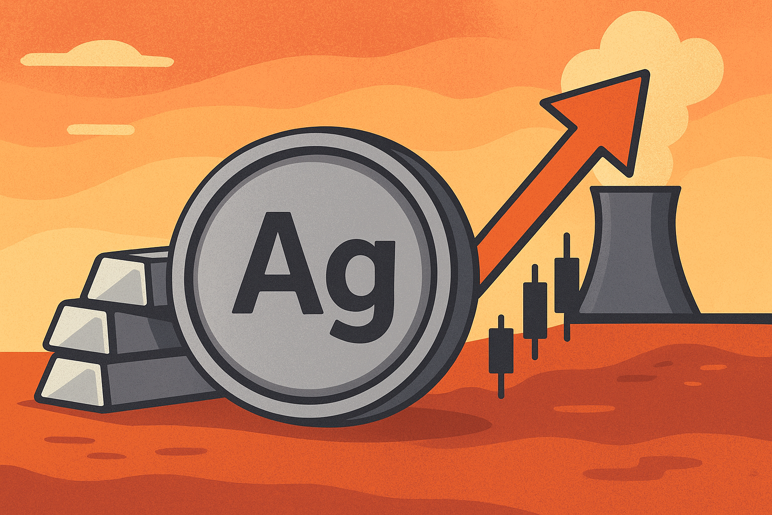 Modern digital illustration of silver bars, rising price graph, and symbolic dollar weakening in the background.