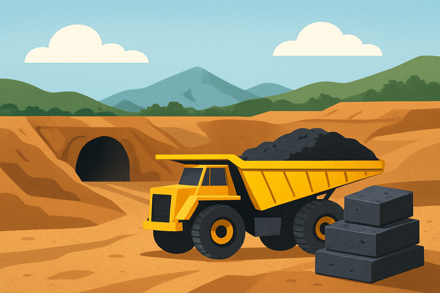 Illustration of a mining truck carrying graphite at an open pit site with stacked graphite blocks and a tunnel entrance in the background.
