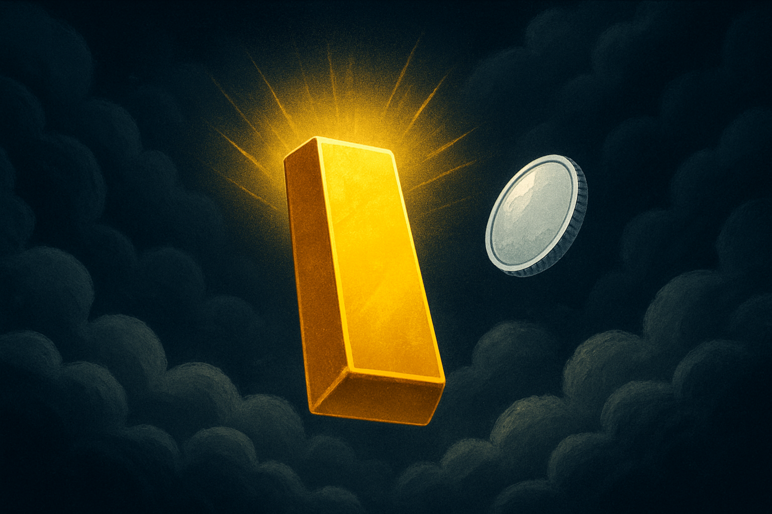 An illustrated symbolic image showing a shining gold bar rising above turbulent storm clouds, with a glowing silver coin orbiting nearby.