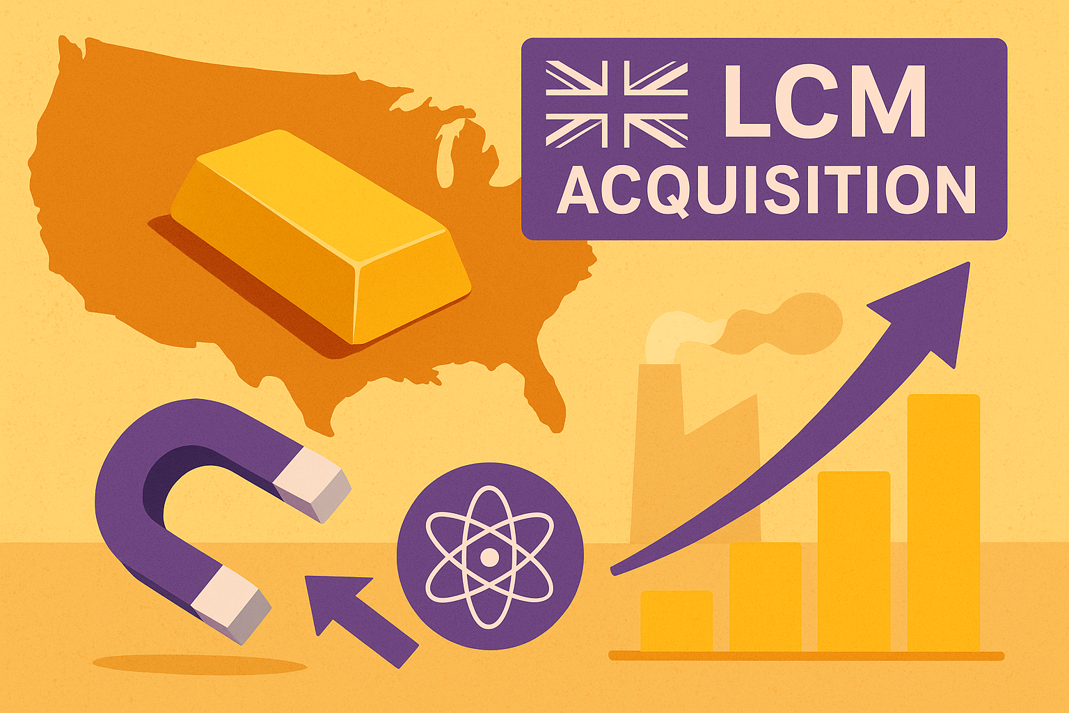 Flat-style illustration showing a U.S. map with a gold bar, a magnet, an atomic symbol, factory imagery, and an upward graph symbolizing USA Rare Earth’s acquisition of Less Common Metals.