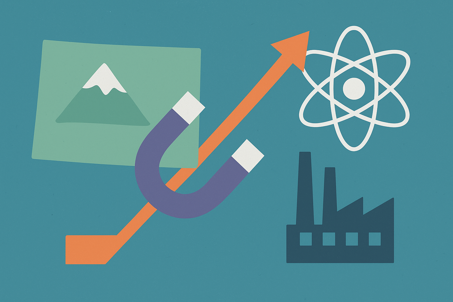 Abstract illustration showing a map of Wyoming with a mountain, a purple magnet, an orange upward arrow, an atomic symbol, and an industrial plant against a blue-green background.