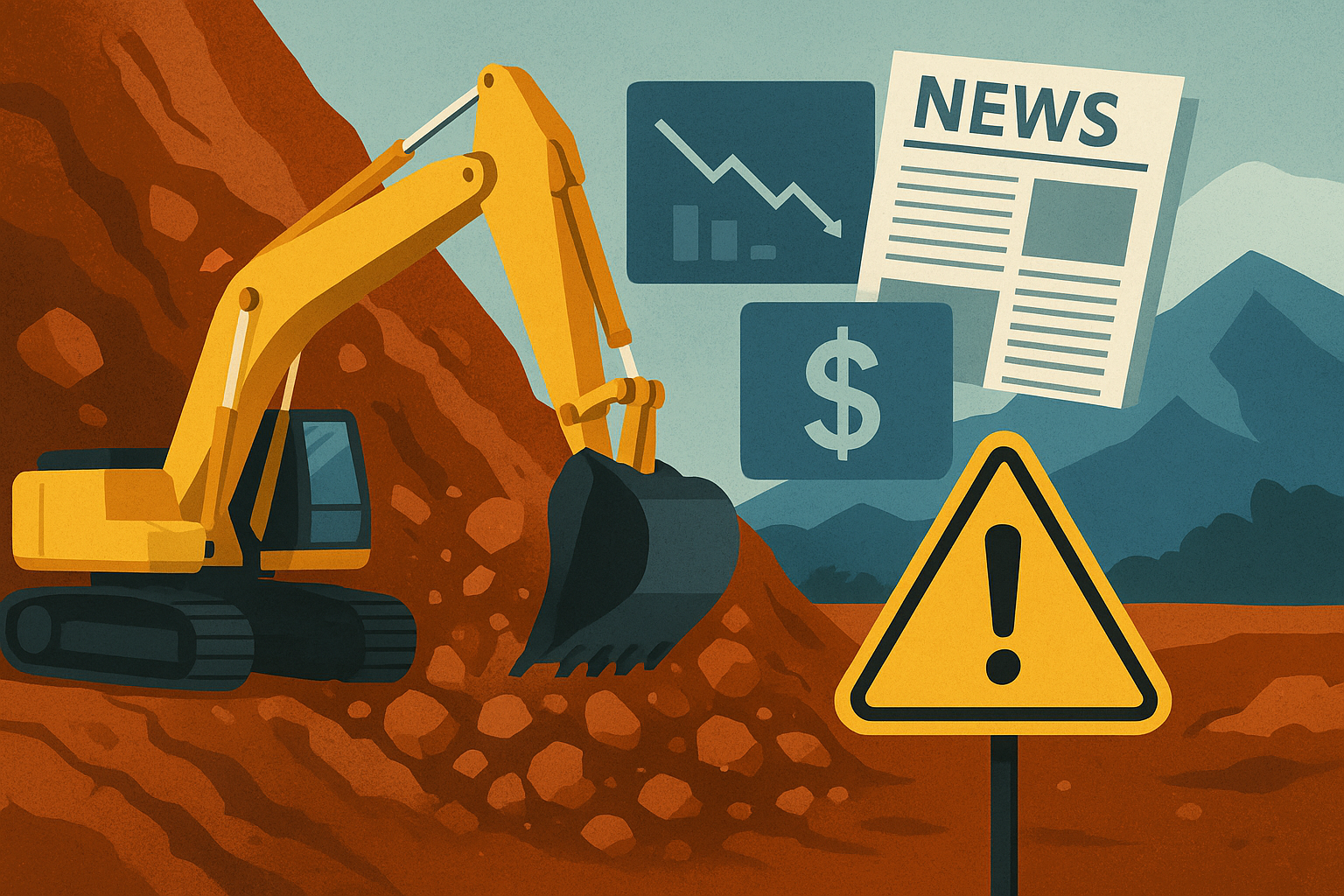 An illustrated scene of a mining excavator beside a rocky landslide with financial icons, a warning sign, and distant mountains.