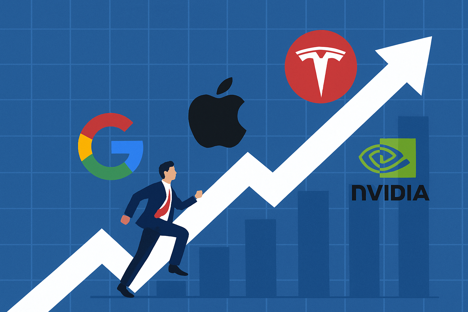 Illustration of a businessman climbing a rising stock market arrow alongside the logos of Google, Apple, Tesla, and Nvidia on a blue financial chart background.