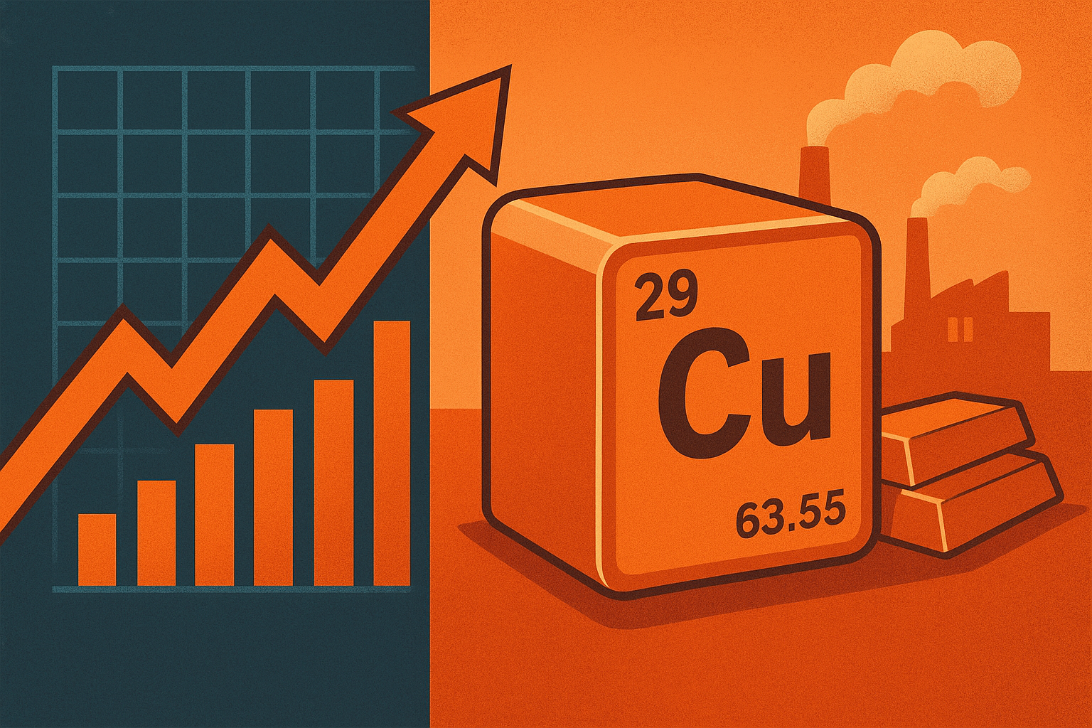 Illustration of copper element symbol with rising chart and industrial factories in the background.