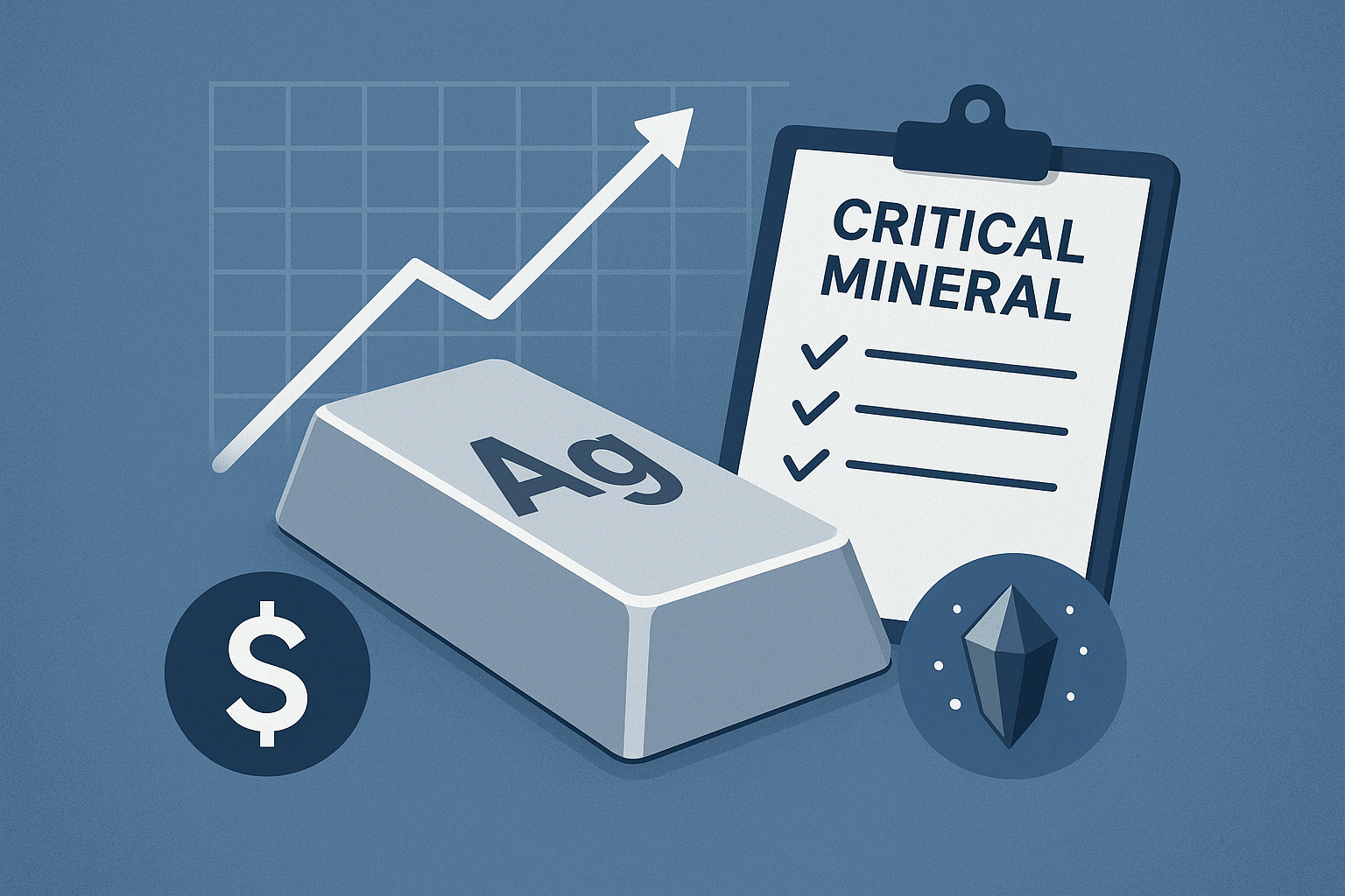 Illustration of a silver bar labeled “Ag” with upward graph, dollar symbol, and clipboard marked