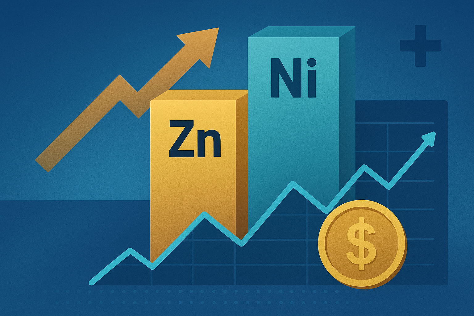 Digital illustration showing symbolic bars for zinc and nickel with arrows, a line chart, and a coin representing commodity price movements.