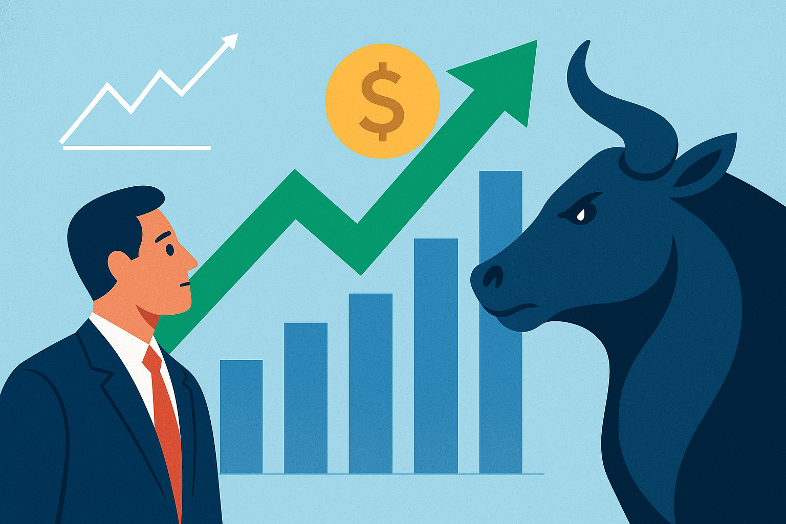Illustration of a bullish stock market with an upward arrow, bar chart, and bull symbolizing Nasdaq's record high.