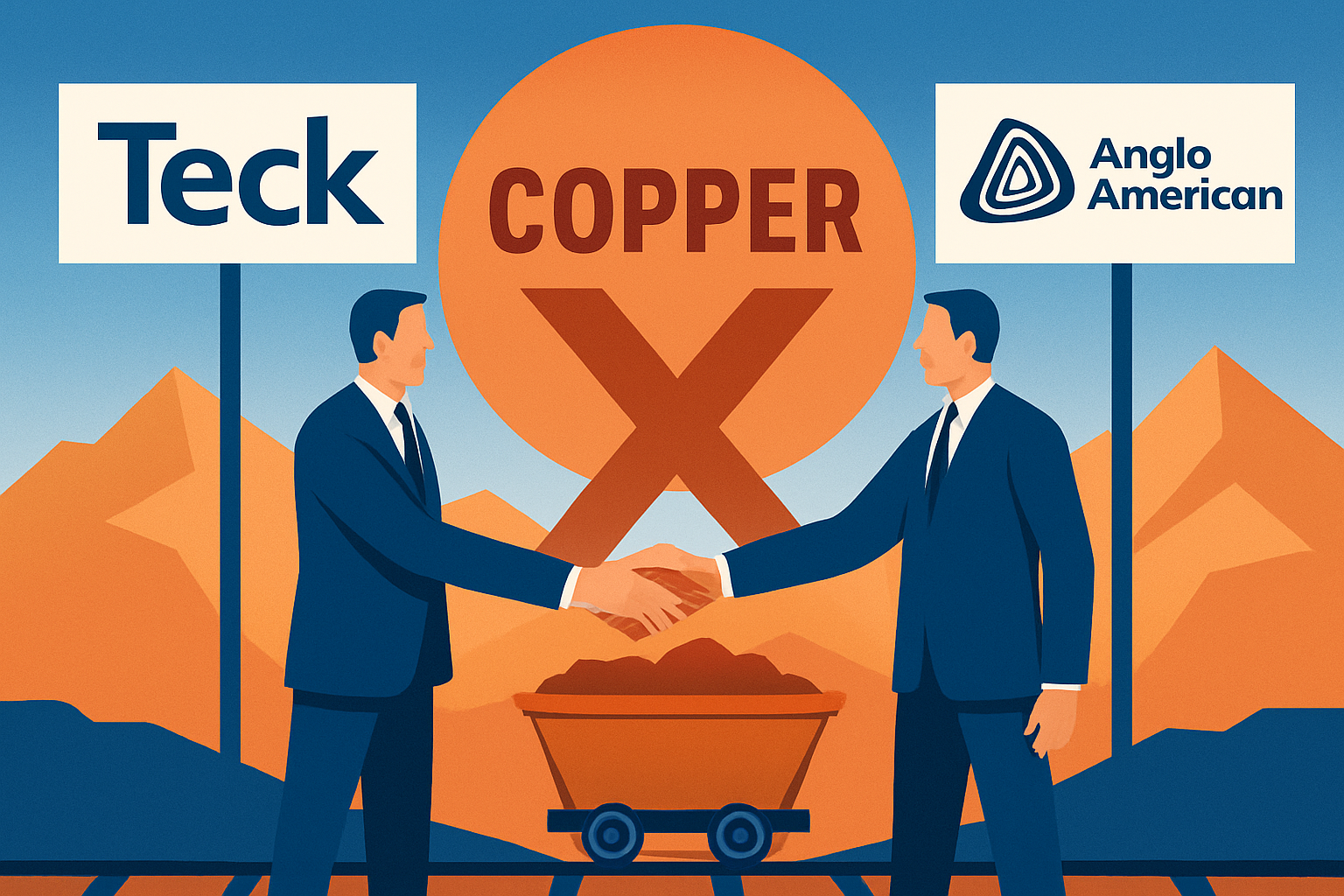 Illustration of two businessmen shaking hands in front of copper-colored mountains and a mining cart, symbolizing the merger of Teck Resources and Anglo American in the copper industry.