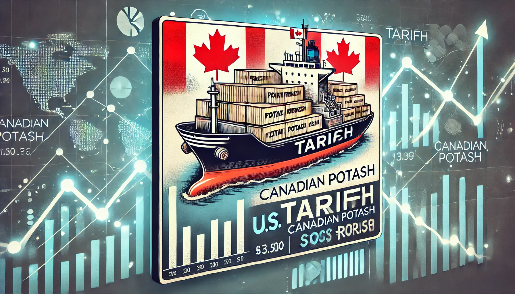 Cargo ship carrying potash containers labeled 'Tariff' with U.S. and Canadian flags and a rising stock price graph, symbolizing the impact of U.S. tariffs on Canadian potash.