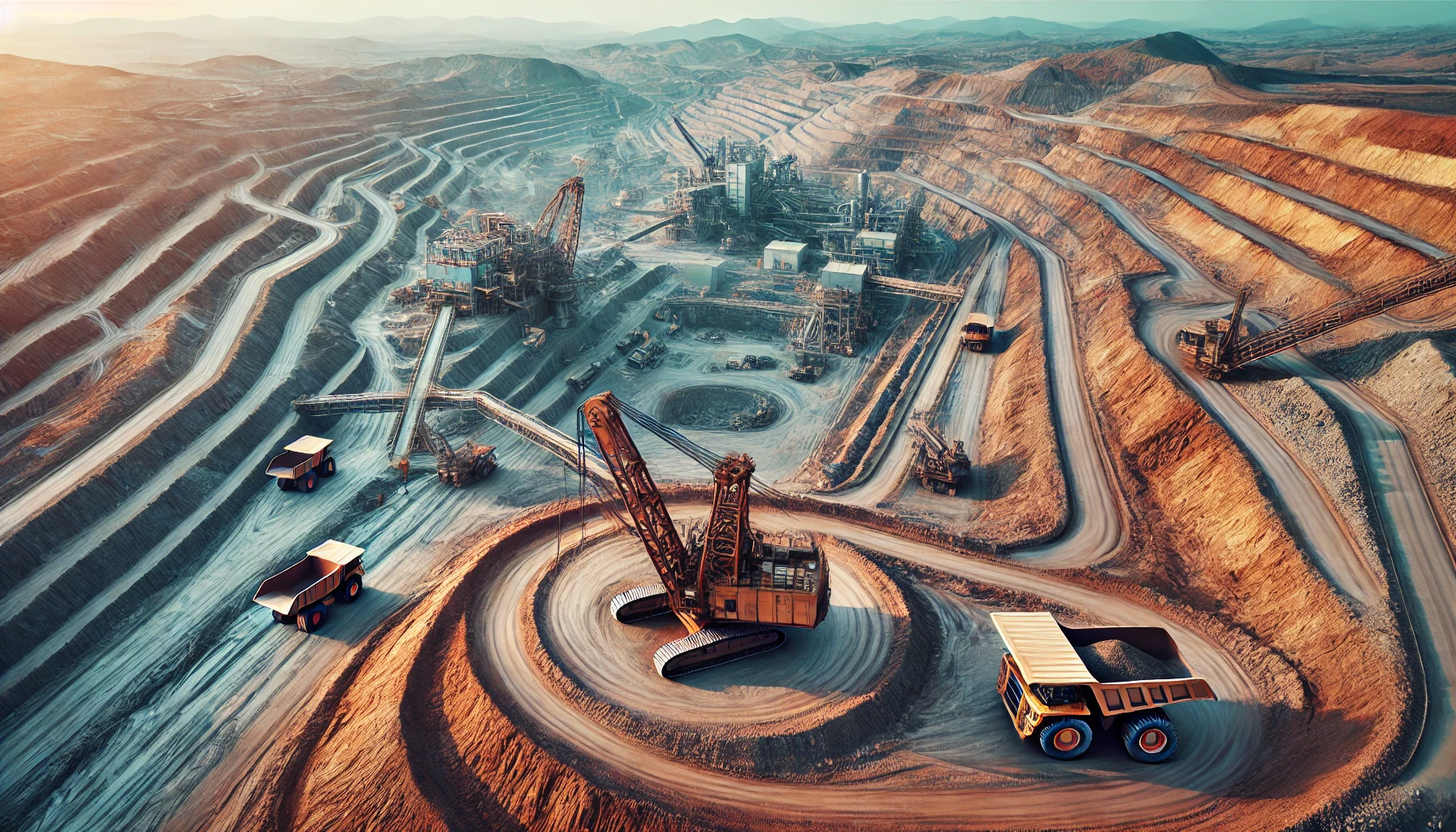 Aerial view of a large copper mining site with excavators and trucks working on terraced earth.