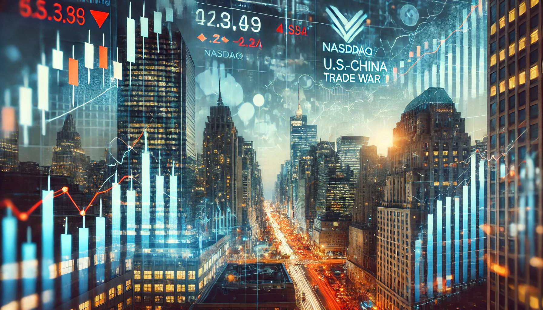 A digital illustration of Wall Street with stock market graphs, a fluctuating stock ticker, and symbols of U.S.-China trade tensions.