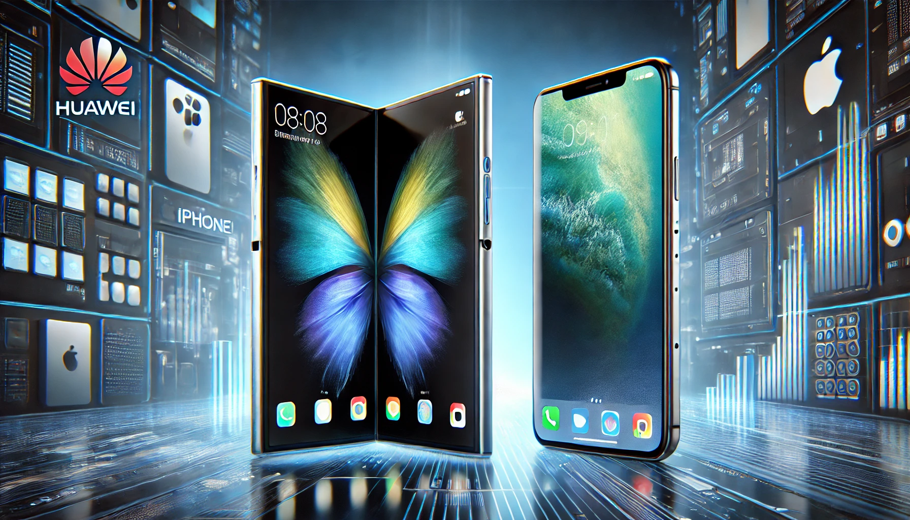 A side-by-side comparison of Huawei's Mate XT in an unfolded trifold state and Apple's iPhone 16, showcasing their distinct designs in a modern tech setting.