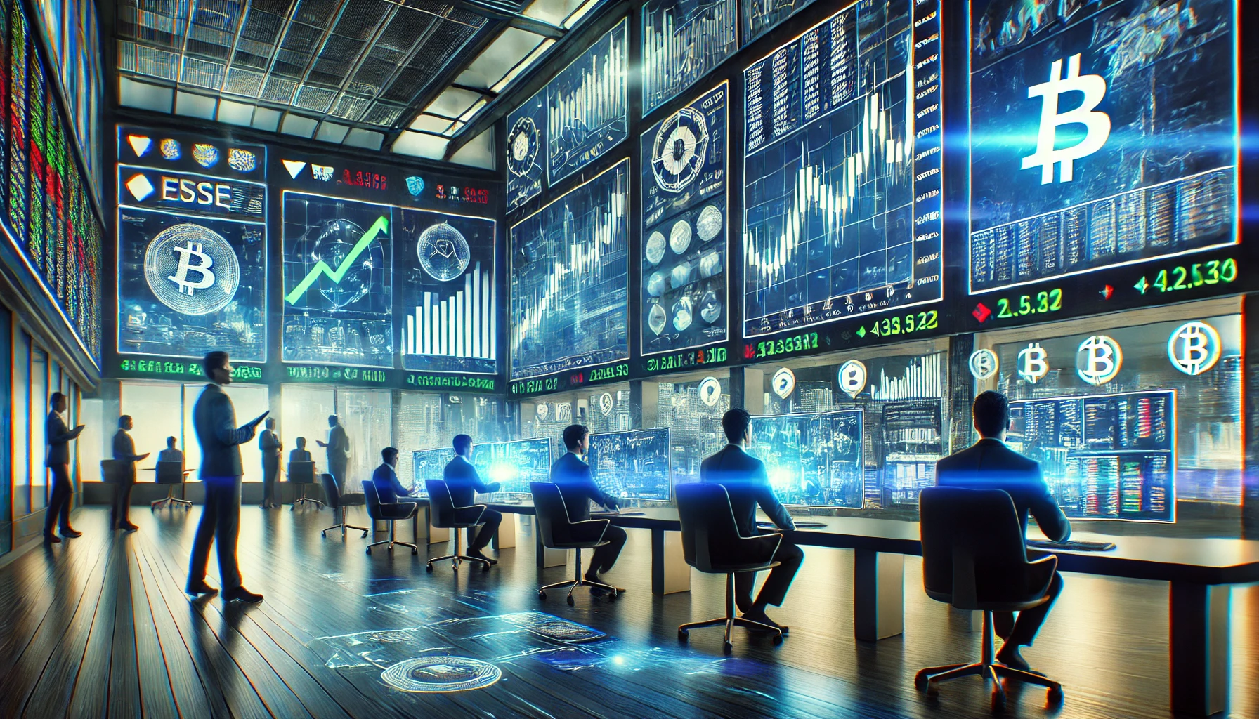 A high-tech financial trading floor with multiple screens displaying cryptocurrency charts, stock indices, and digital asset prices, symbolizing institutional adoption of crypto markets.