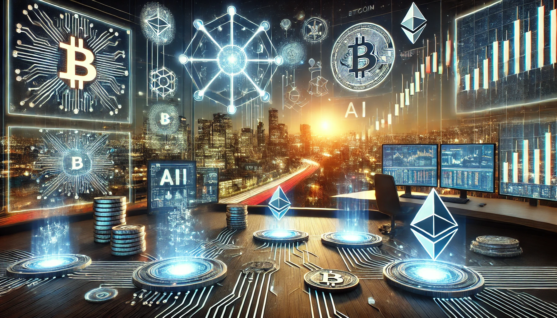 A futuristic digital financial landscape showcasing blockchain networks, cryptocurrency charts, and AI-driven trading, symbolizing the evolution of digital assets.