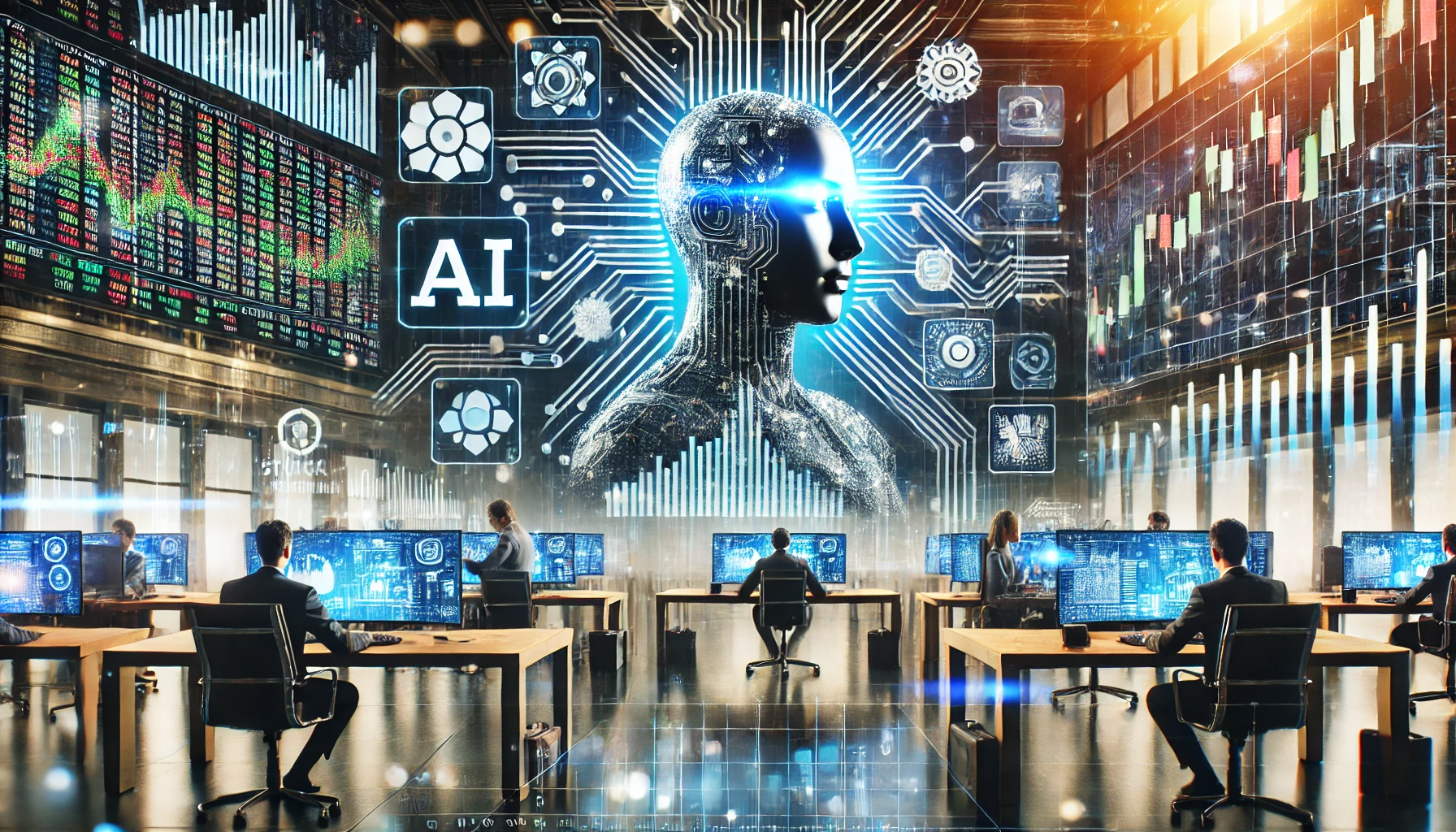 A high-tech financial trading floor featuring multiple screens displaying AI-powered stock market trends and financial growth charts.