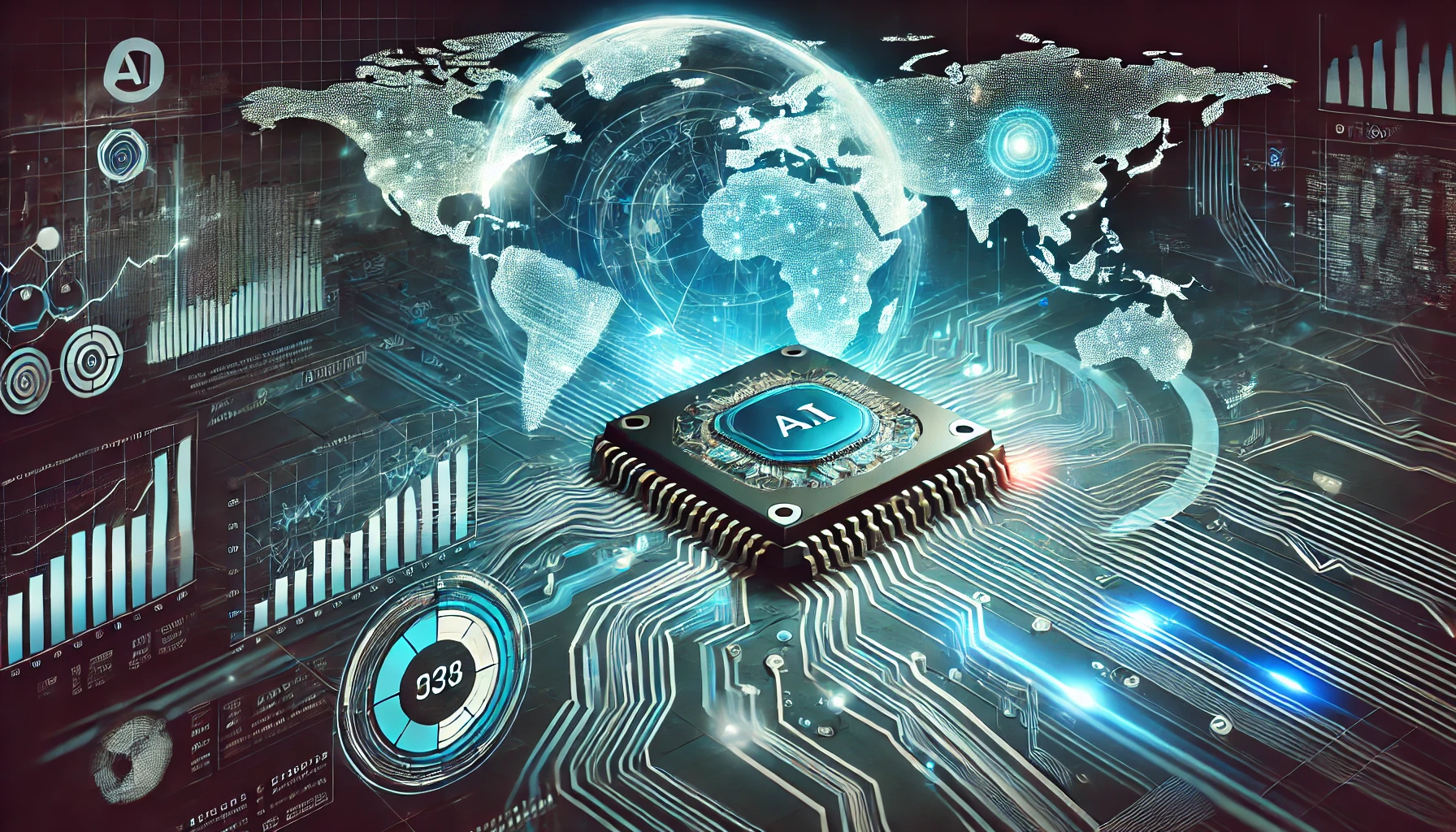 A futuristic AI chip with intricate circuits, glowing with neon blue lights, symbolizing DeepSeek’s advanced AI model. A dynamic global map and financial data streams in the background represent AI’s impact on global markets.