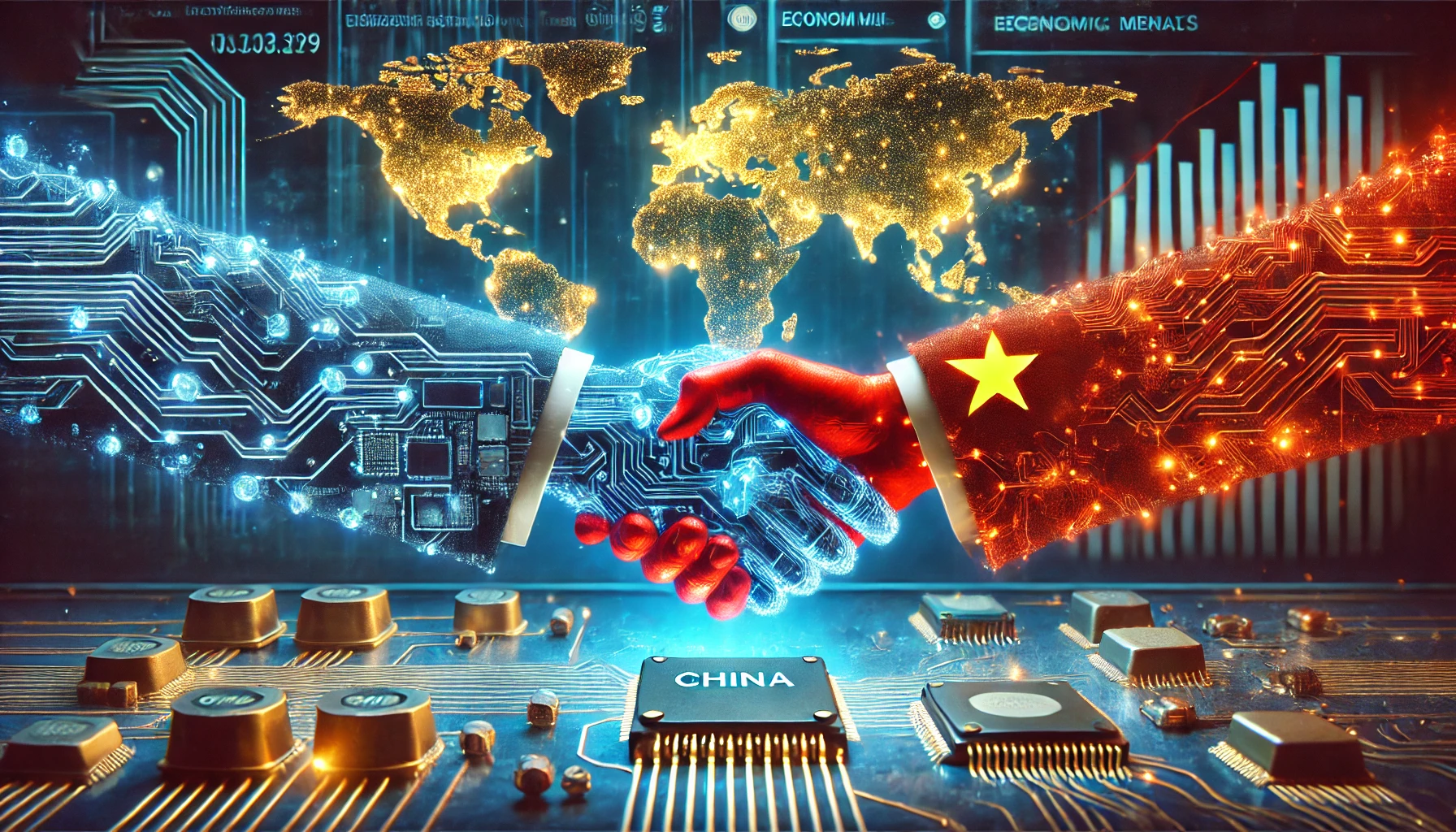 A high-tech digital illustration showcasing China's control over rare metals with a supply chain, circuit boards, and global trade connections.