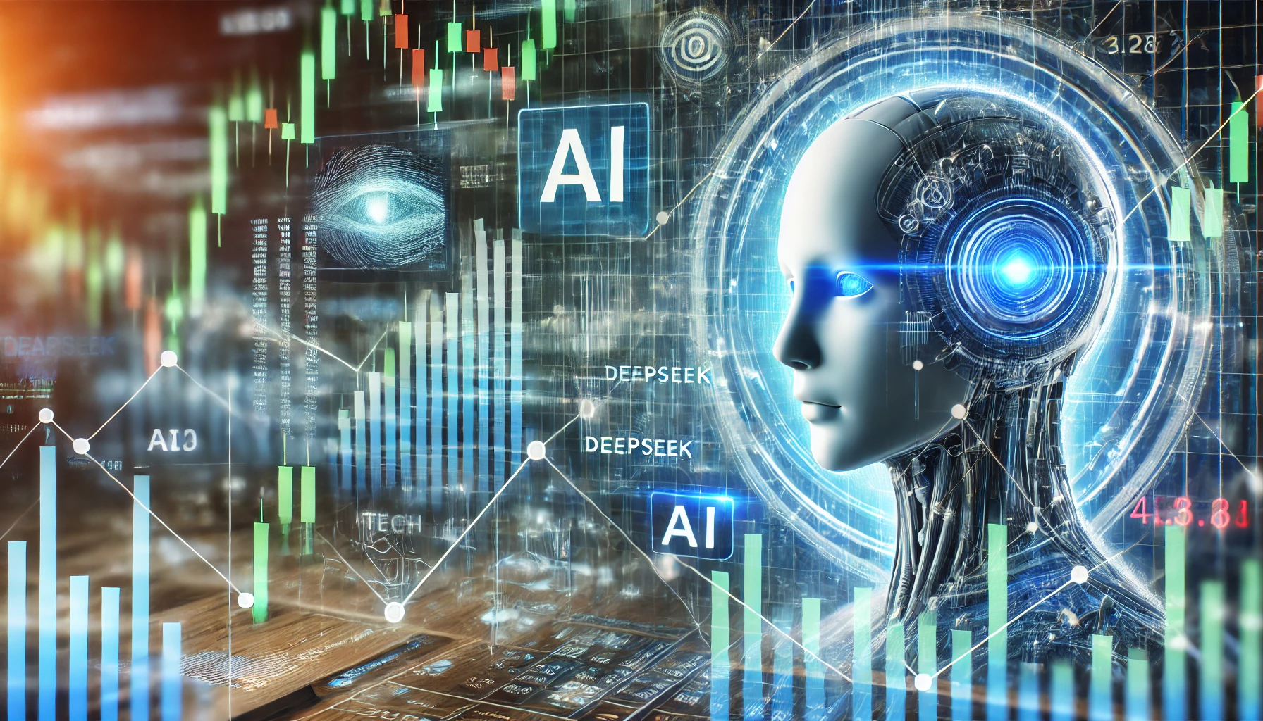 A futuristic stock market scene with AI-driven data streams, financial graphs, and a digital representation of artificial intelligence.