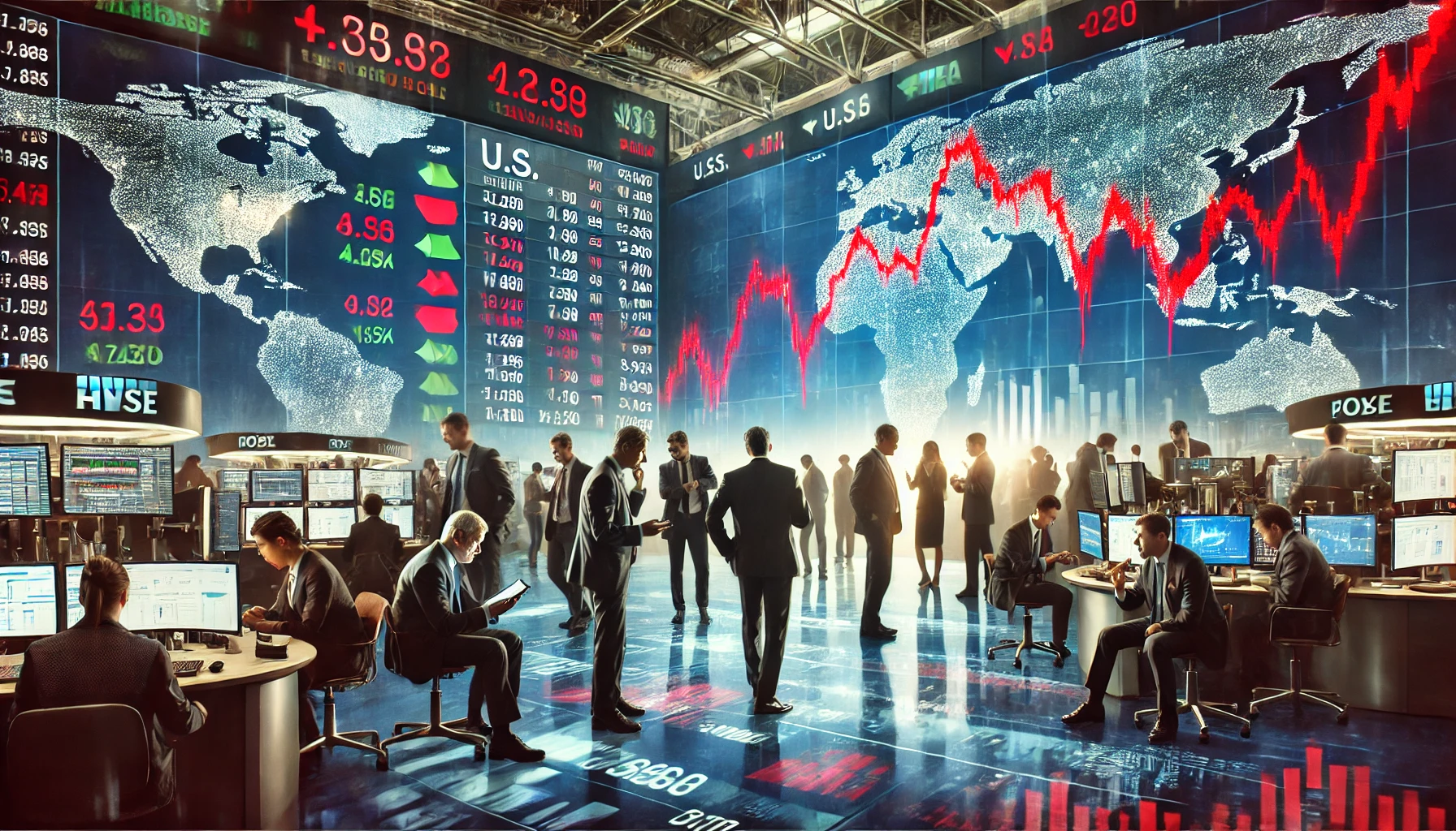 Traders reacting on the stock exchange floor as global indices show a market downturn with red financial graphs.