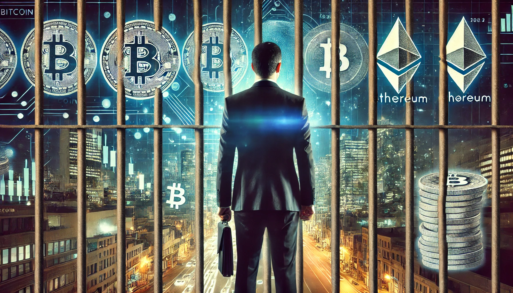 A businessman behind bars with Bitcoin and Ethereum symbols, representing cryptocurrency fraud.