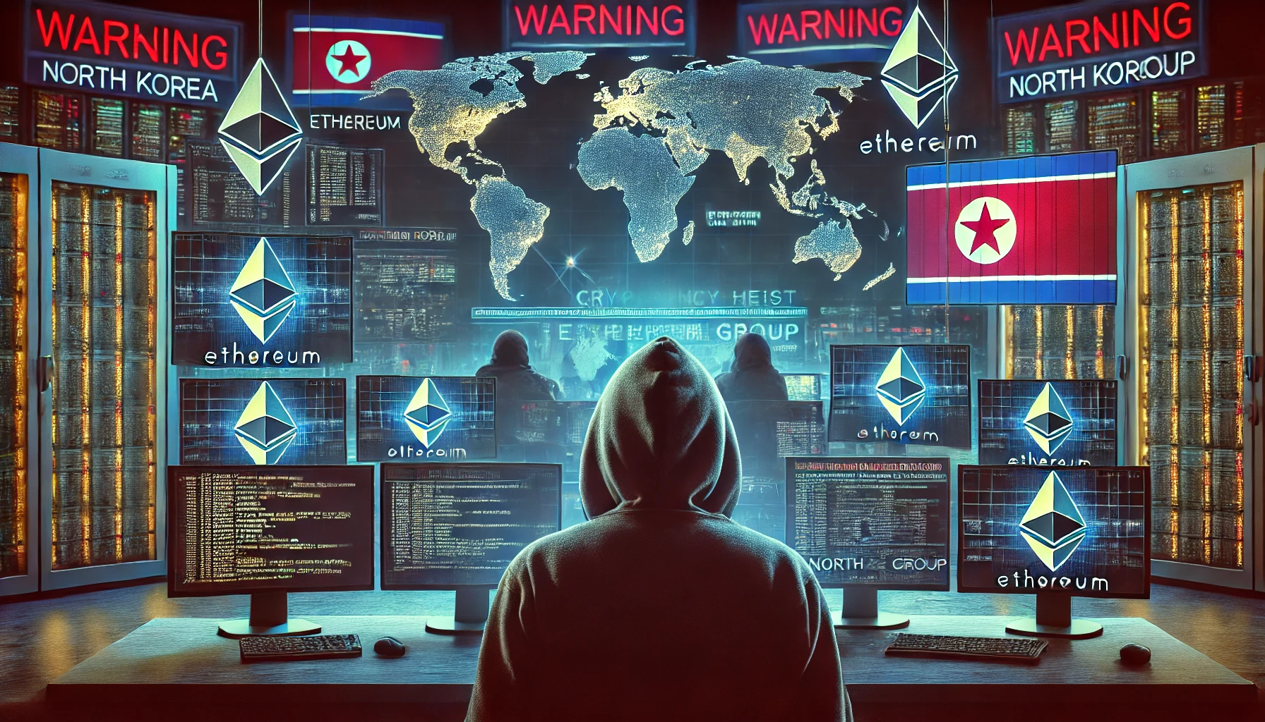 A dark high-tech control room featuring multiple screens displaying Ethereum symbols and hacking codes, with a shadowy figure orchestrating a massive cyber heist linked to North Korea.