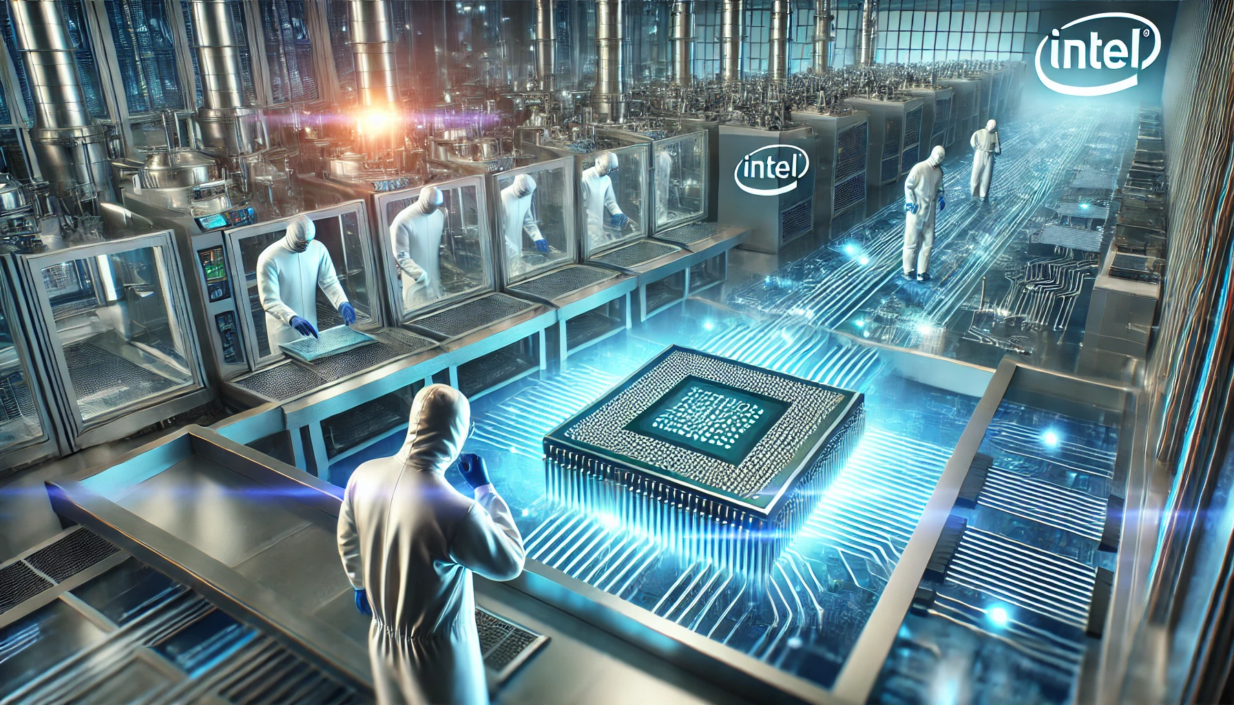 Engineers in cleanroom suits operating high-tech chip manufacturing equipment inside a futuristic semiconductor facility.