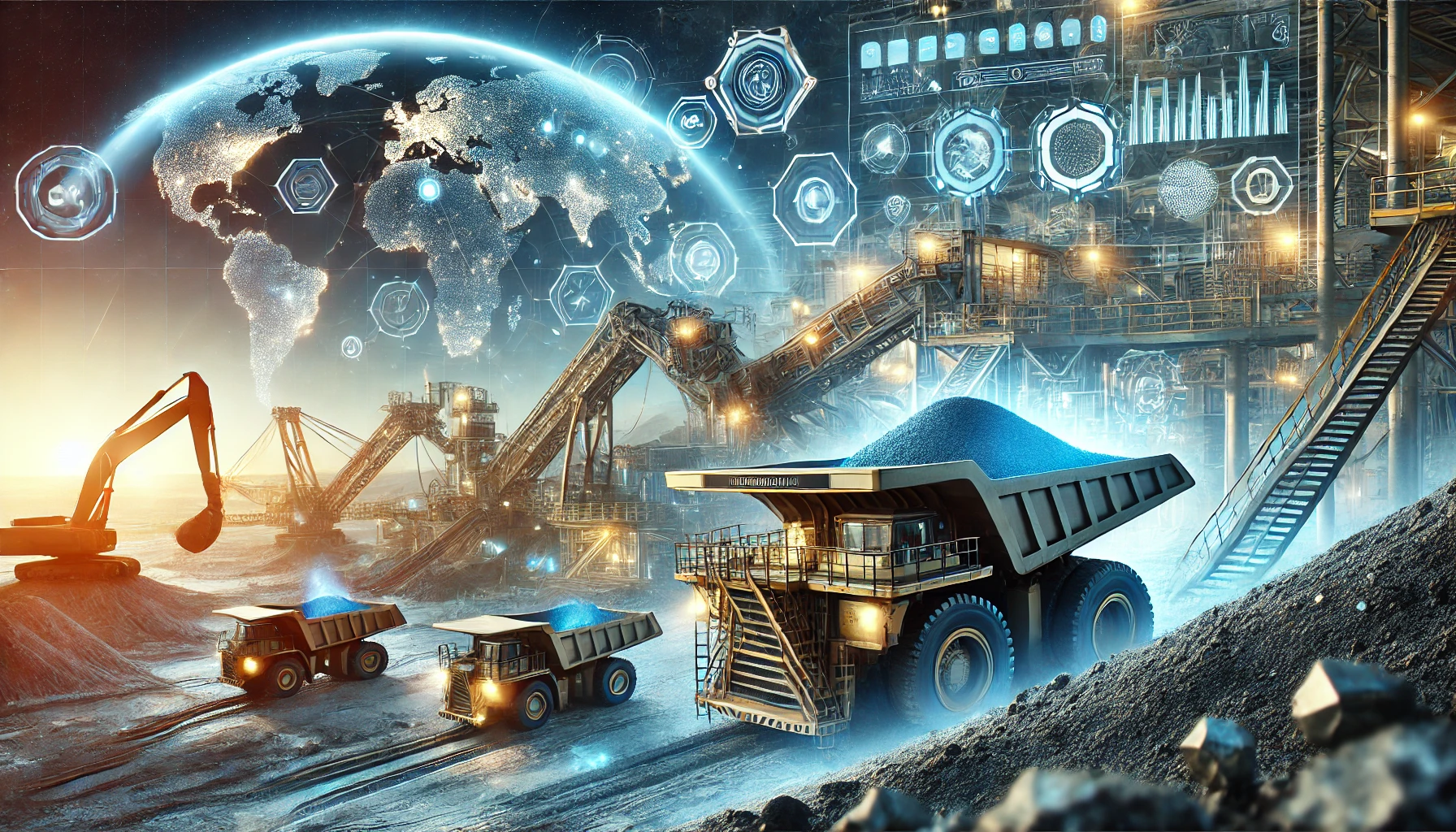 A large-scale mining operation extracting critical minerals with advanced excavation machinery, conveyor belts, and a futuristic control center.